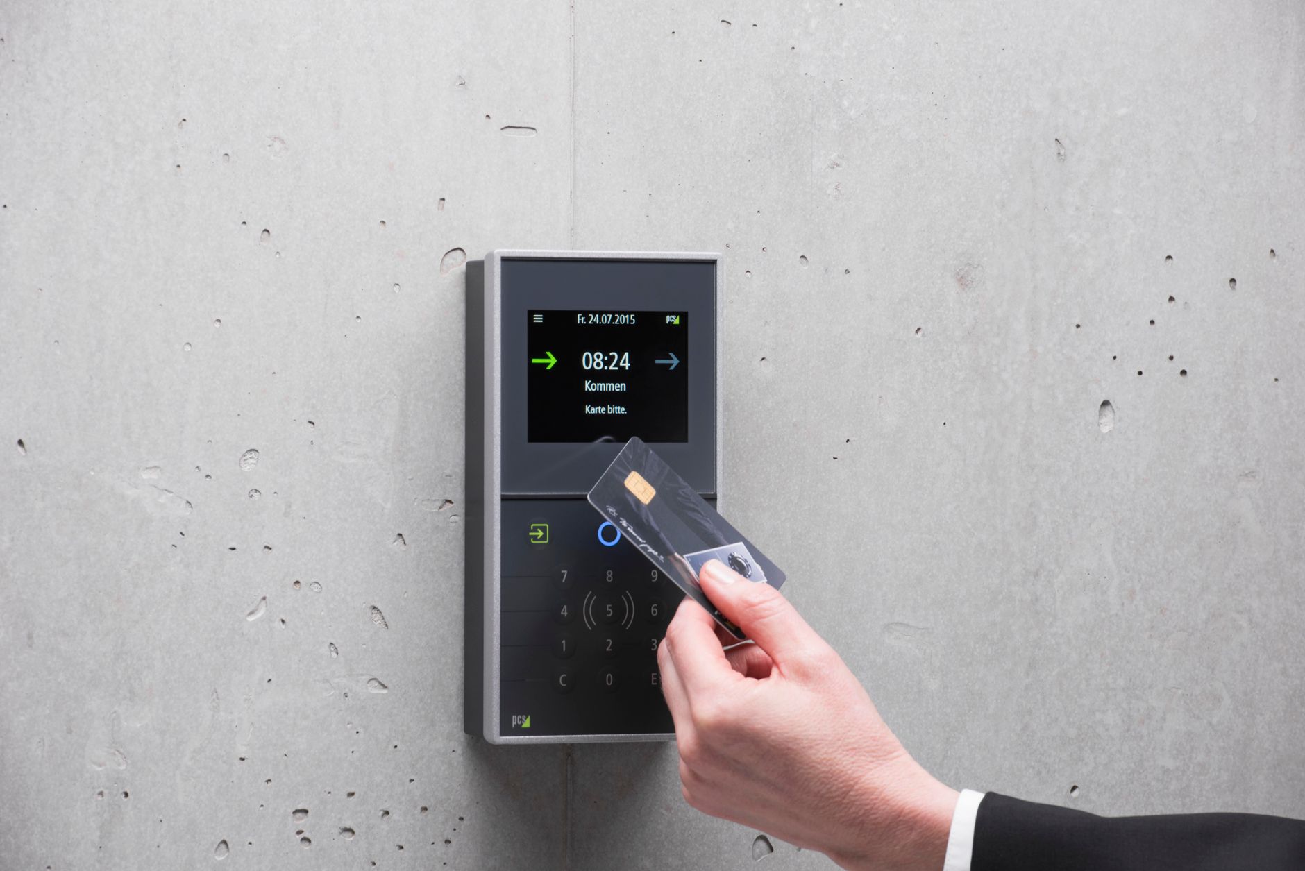 Access control card reader on a commercial building door